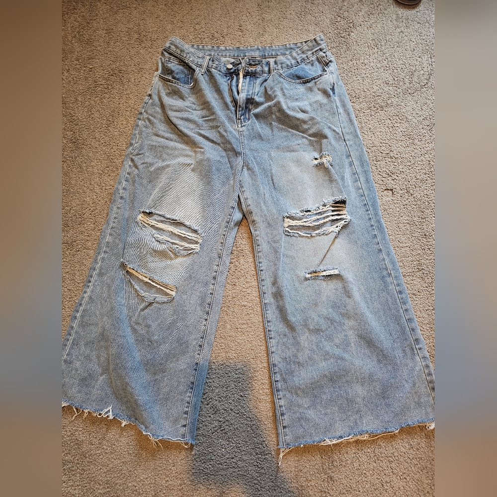 Cider Distressed Wide Leg Jeans